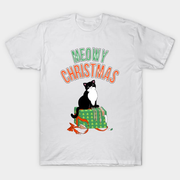 Meowy Christmas Tuxedo Cat Clawed Present xmas gift T-Shirt by xenotransplant